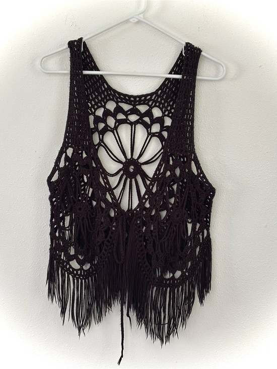 Tops - Boho Crochet Fringe Tank Top - Black